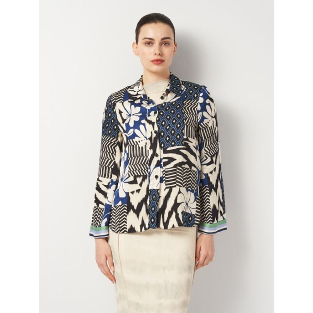 Zara Patchwork Print Button Down Blouse Blue Blac… - image 1